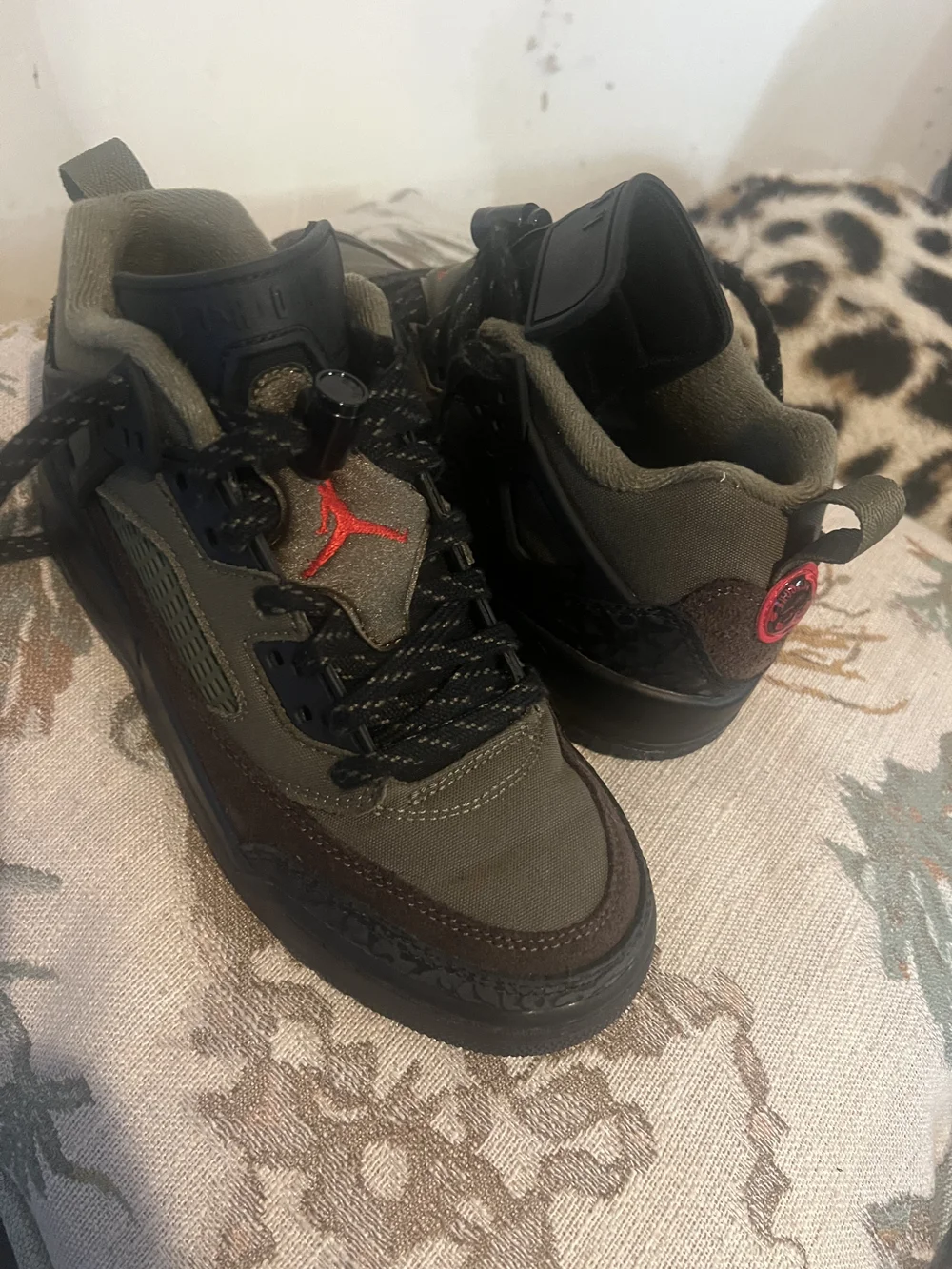 Jordan Men’s Olive Green and Black Sneakers with Red Jumpman